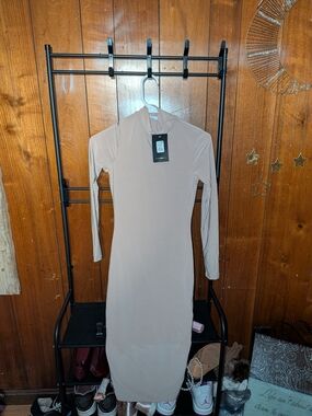 Fashion Nova Long Sleeve Midi Dress in Beige Taupe
